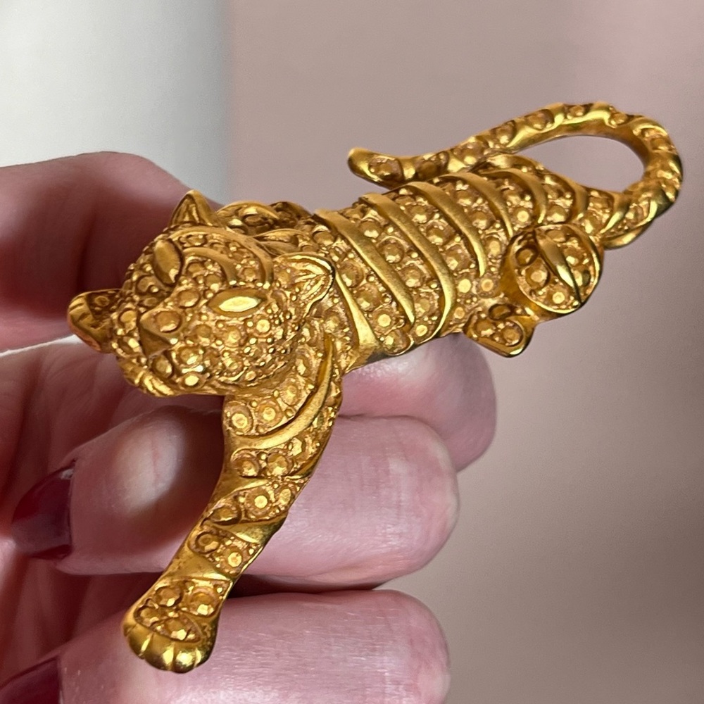 Vintage Matte Gold Tiger Panther Runway Oversized maximalist animal Brooch